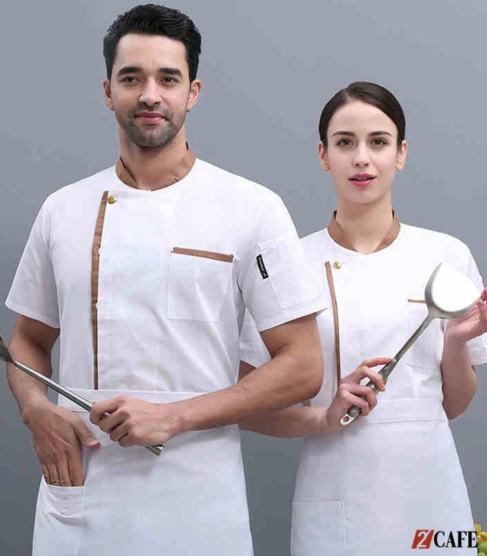 Độ đồng phục bếp trắng có viền cổ và túi độc đáo